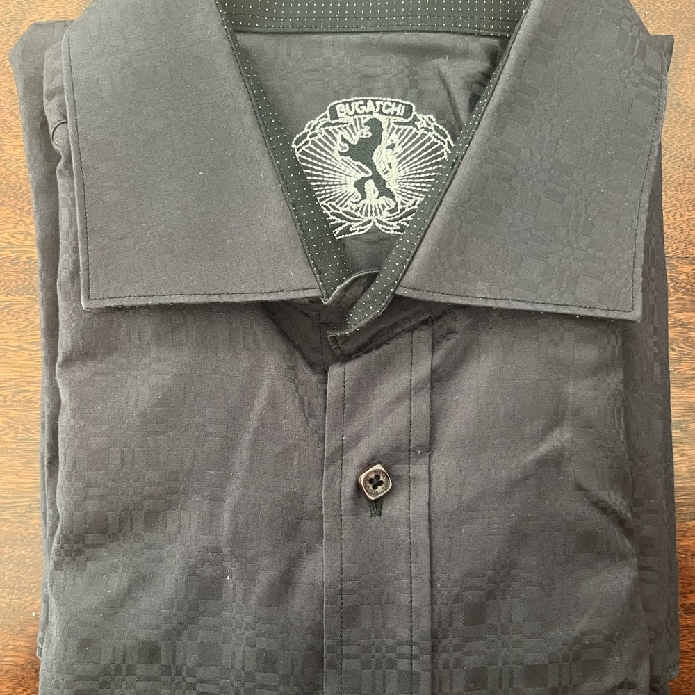 Bugatchi Uomo Lion Logo Black Geometric Button Down Dress Shirt Size XL
